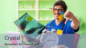  Presentation with hospital - Amazing slide deck having young doctor sitting in hospital backdrop and a  colored foreground