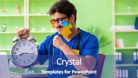  Presentation with doctor in hospital health insurance related icons healthcare person saving medical - Slide deck with young doctor sitting in hospital background and a  colored foreground