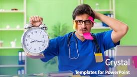  Presentation with hospital - PPT theme featuring young doctor sitting in hospital background and a  colored foreground