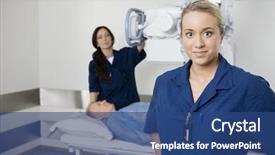  Presentation with xray - Colorful slide set enhanced with young doctor standing while colleague taking patient's xray backdrop and a ocean colored foreground