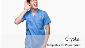  Presentation with medical ear - Beautiful PPT layouts featuring young doctor wearing medical uniform backdrop and a  colored foreground
