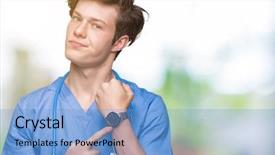  Presentation with medical protective wears - Slide set having young doctor wearing medical uniform background and a  colored foreground