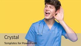  Presentation with ear medical - Presentation design featuring young doctor wearing medical uniform background and a  colored foreground