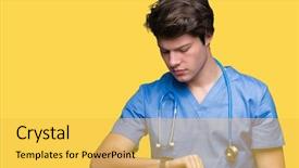  Presentation with medical protective wears - Slide deck with young doctor wearing medical uniform background and a  colored foreground