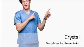  Presentation with medical robot hand and doctor - Slide set consisting of young doctor wearing medical uniform background and a  colored foreground