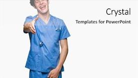  Presentation with medical smiling doctor - Slide set having young doctor wearing medical uniform background and a white colored foreground