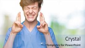  Presentation with medical smiling doctor - Beautiful PPT theme featuring young doctor wearing medical uniform backdrop and a  colored foreground