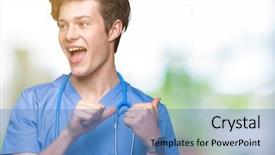  Presentation with medical robot hand and doctor - Presentation consisting of young doctor wearing medical uniform background and a teal colored foreground