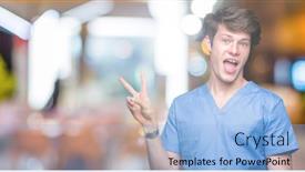  Presentation with medical sign - Amazing theme having young doctor wearing medical uniform over isolated background smiling with happy face winking at the camera doing victory sign number two backdrop and a light blue colored foreground