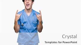  Presentation with rock music - Slide deck enhanced with young doctor wearing medical uniform over isolated background shouting with crazy expression doing rock symbol with hands up music star heavy concept background and a white colored foreground