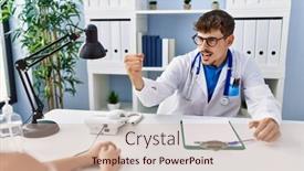  Presentation with medical concept - PPT theme featuring young-doctor-with-client background and a  colored foreground