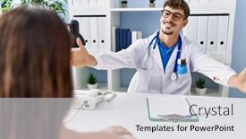  Presentation with medical smiling doctor - Presentation theme enhanced with young-doctor-with-client background and a  colored foreground