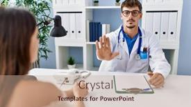  Presentation with sing - Presentation design enhanced with young-doctor-with-client background and a  colored foreground