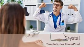  Presentation with medical smiling doctor - Slides with young-doctor-with-client background and a coral colored foreground