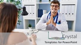  Presentation with medical smiling doctor - Presentation theme with young-doctor-with-client background and a  colored foreground