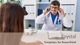  Presentation with medical concept - PPT theme with young-doctor-with-client background and a soft green colored foreground