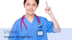  Presentation with finger point - Colorful slide deck enhanced with young doctor with finger point up backdrop and a light blue colored foreground
