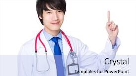  Presentation with finger point - Slide set consisting of young doctor with finger point up background and a light blue colored foreground