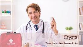  Presentation with first aid kit - Theme featuring young doctor with first aid background and a lemonade colored foreground