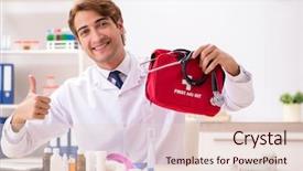  Presentation with first aid kit - Slides with young doctor with first aid background and a lemonade colored foreground