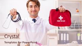  Presentation with first aid kit - PPT theme having young doctor with first aid background and a lemonade colored foreground