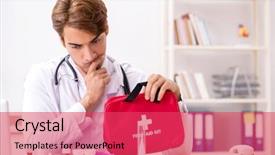  Presentation with first aid kit - Audience pleasing slides consisting of young doctor with first aid backdrop and a red colored foreground