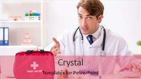  Presentation with first aid kit - Theme featuring young doctor with first aid background and a coral colored foreground