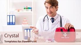  Presentation with first aid kit - Cool new PPT theme with young doctor with first aid backdrop and a lemonade colored foreground