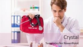  Presentation with first aid kit - Slide deck with young doctor with first aid background and a coral colored foreground