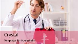  Presentation with first aid kit - PPT layouts having young doctor with first aid background and a coral colored foreground