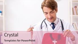  Presentation with first aid kit - PPT theme featuring young doctor with first aid background and a coral colored foreground