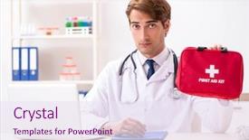  Presentation with first aid kit - Cool new PPT layouts with young doctor with first aid backdrop and a sky blue colored foreground