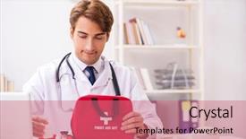  Presentation with first aid kit - Colorful slide deck enhanced with young doctor with first aid backdrop and a coral colored foreground