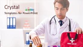  Presentation with first aid kit - Audience pleasing PPT layouts consisting of young doctor with first aid backdrop and a sky blue colored foreground