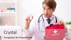  Presentation with first aid kit - Slide deck with young doctor with first aid background and a lemonade colored foreground