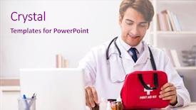  Presentation with first aid kit - Theme featuring young doctor with first aid background and a sky blue colored foreground