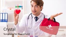  Presentation with first aid kit - Theme enhanced with young doctor with first aid background and a  colored foreground