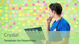  Presentation with reminders - Beautiful slide set featuring young-doctor-with-many-reminders backdrop and a mint green colored foreground