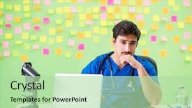  Presentation with reminders - Beautiful PPT theme featuring young doctor with many reminders backdrop and a  colored foreground