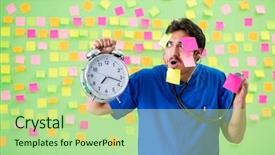  Presentation with reminders - Presentation design with young doctor with many reminders background and a  colored foreground