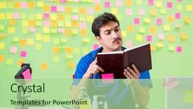  Presentation with reminders - Slide deck enhanced with young doctor with many reminders background and a  colored foreground