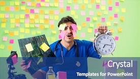  Presentation with reminders - Audience pleasing presentation design consisting of young doctor with many reminders backdrop and a  colored foreground