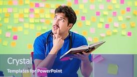  Presentation with reminders - Presentation design enhanced with young doctor with many reminders background and a  colored foreground