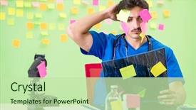  Presentation with reminders - Audience pleasing presentation design consisting of young doctor with many reminders backdrop and a  colored foreground