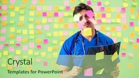  Presentation with reminders - PPT theme enhanced with young doctor with many reminders background and a mint green colored foreground