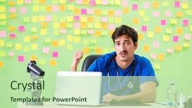  Presentation with reminders - Slide set with young doctor with many reminders background and a mint green colored foreground