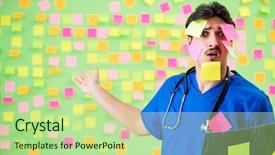  Presentation with reminders - Audience pleasing PPT theme consisting of young doctor with many reminders backdrop and a mint green colored foreground