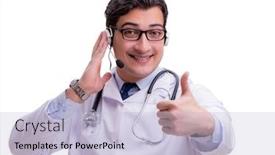  Presentation with phone - Theme with young doctor with phone headset isolated on white background and a light blue colored foreground