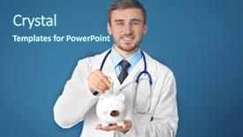  Presentation with piggy bank is evil - Slides having young doctor with piggy bank background and a ocean colored foreground