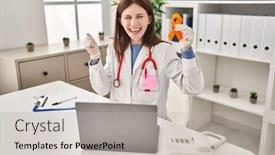  Presentation with awareness - PPT theme having young-doctor-woman-holding-awareness background and a light gray colored foreground